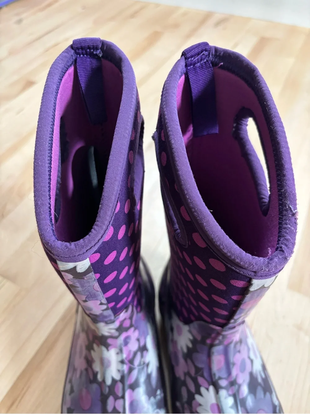 Waterproof Girls Purple Polka Dot Floral Bogs, Size 2